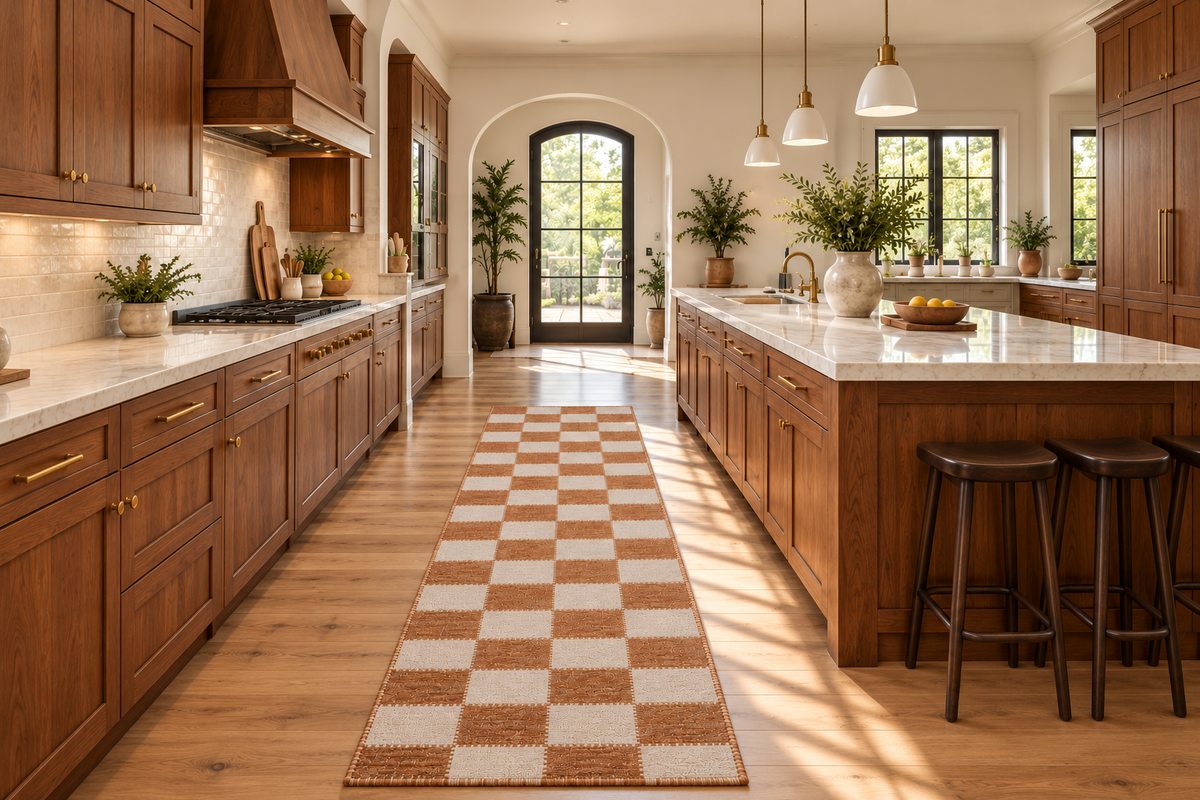 Rust Checker washable runner in a full walnut kitchen with limestone island and arched windows