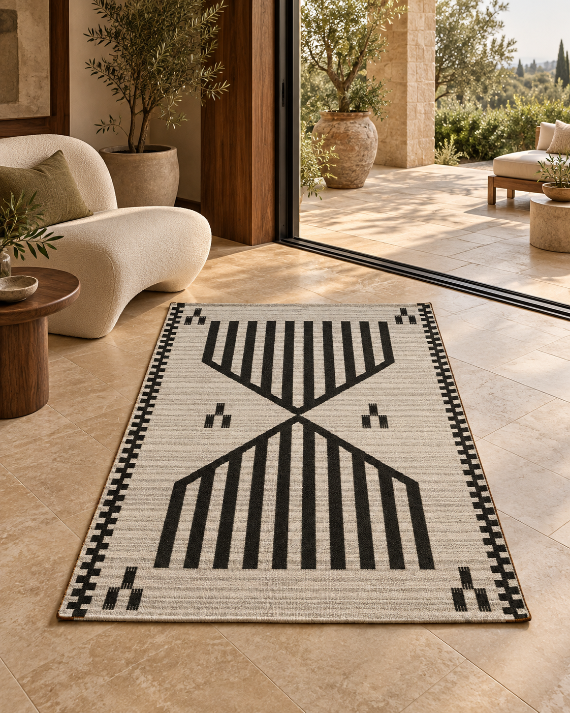 Indoor/Outdoor Wooly Embrace rug beside an open terrace