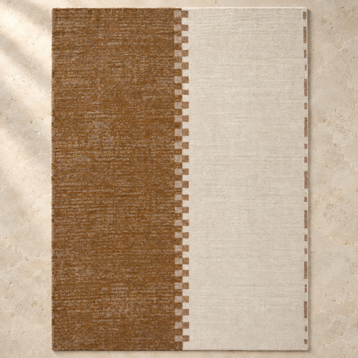Rust Symmetry Machine Washable Rug — full rug in soft daylight