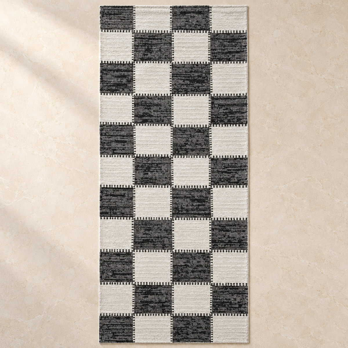 Charcoal Checker Machine Washable Rug — full rug in soft daylight