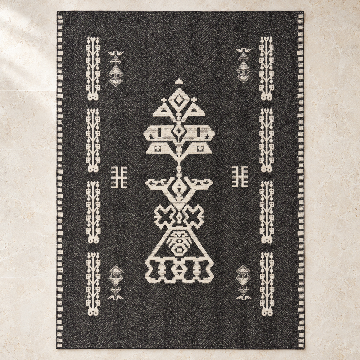 Charcoal Circuit Machine Washable Rug — full rug in soft daylight