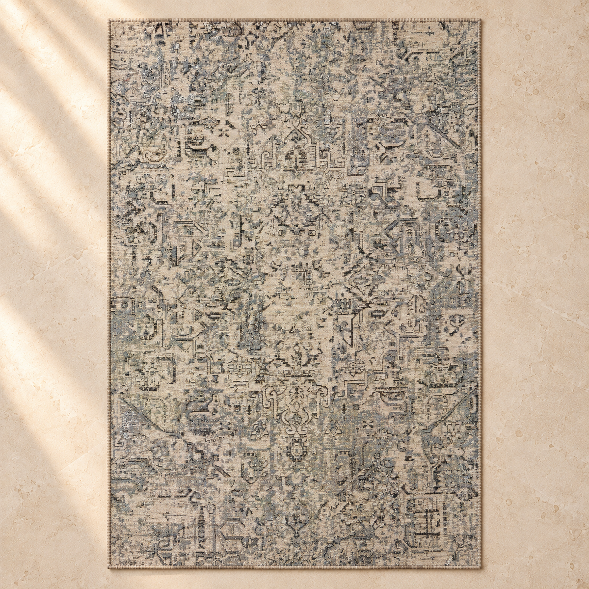 Green Traveler Machine Washable Rug — full rug in soft daylight
