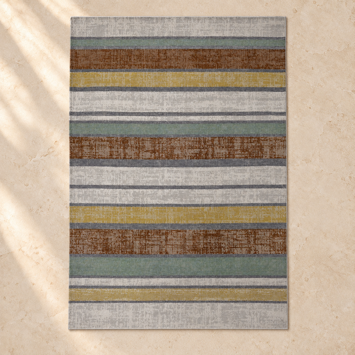 Rust Stripe Machine Washable Rug — full rug in soft daylight