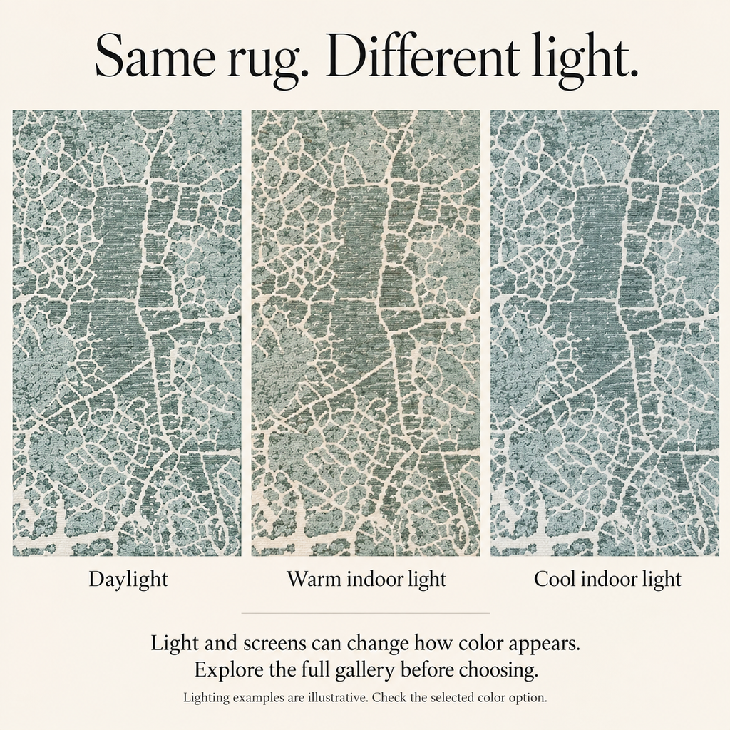Pastel Prime Machine Washable Rug — illustrative appearance under different lighting