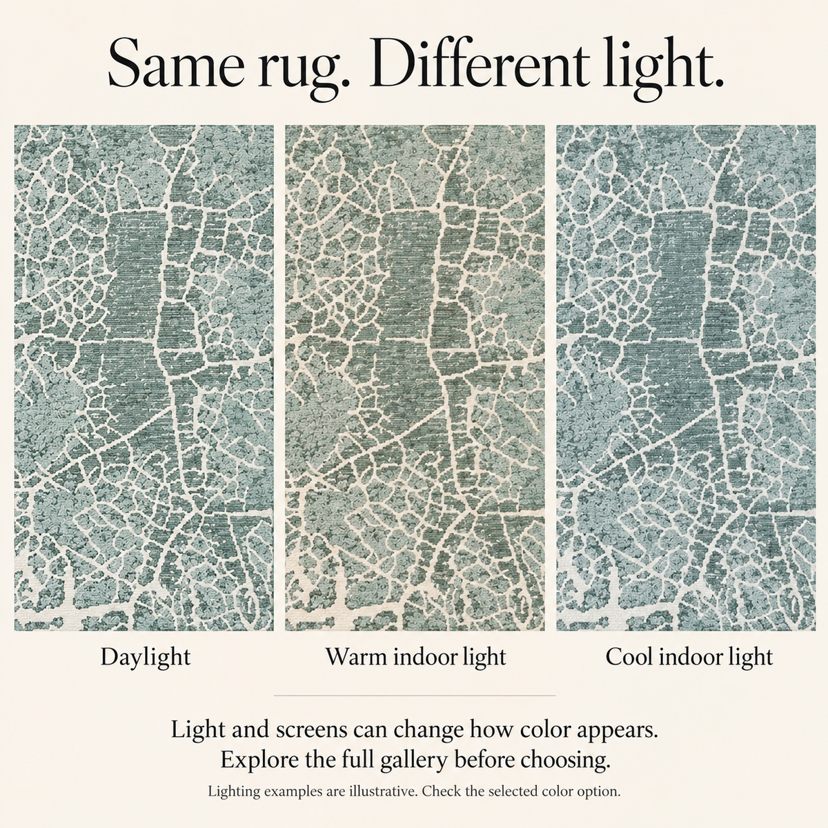 Pastel Prime Machine Washable Rug — illustrative appearance under different lighting