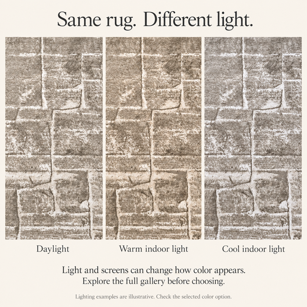 Stoned Machine Washable Rug — illustrative appearance under different lighting