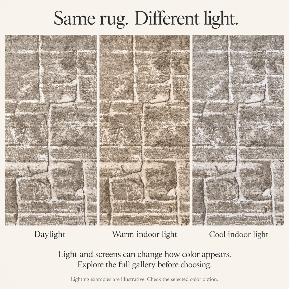 Stoned Machine Washable Rug — illustrative appearance under different lighting