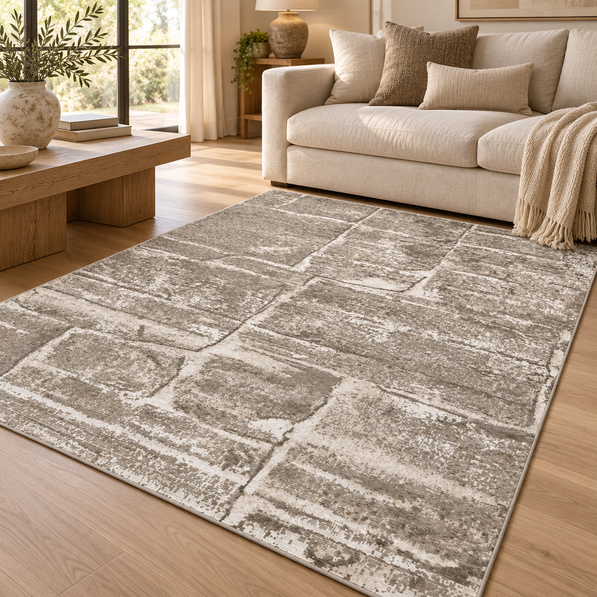 Stoned Machine Washable Rug — styled room view; compare selected color and size