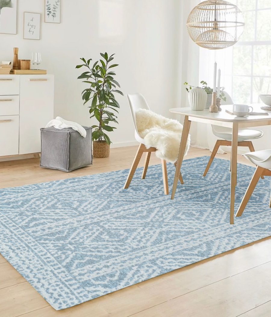 Washable Area rug | The Rugger Lillian Lifestyle View | Light Blue & White | 5x8 | By MotherRuggers.com | Machine Washable | Jacquard Woven | Pet Friendly | Kid Friendly | Machine Wash | Line Dry | Living Room | Kitchen | Bedroom | High-Traffic | Anti-Slip | Three-year warranty with proper care | Shake or light Vacuum | Machine Wash as needed | Dry Flat or Line Dry | Dries fast