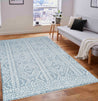 Washable Area rug | The Rugger Lillian Lifestyle View | Light Blue & White | 5x8 | By MotherRuggers.com | Machine Washable | Jacquard Woven | Pet Friendly | Kid Friendly | Machine Wash | Line Dry | Living Room | Kitchen | Bedroom | High-Traffic | Anti-Slip | Three-year warranty with proper care | Shake or light Vacuum | Machine Wash as needed | Dry Flat or Line Dry | Dries fast