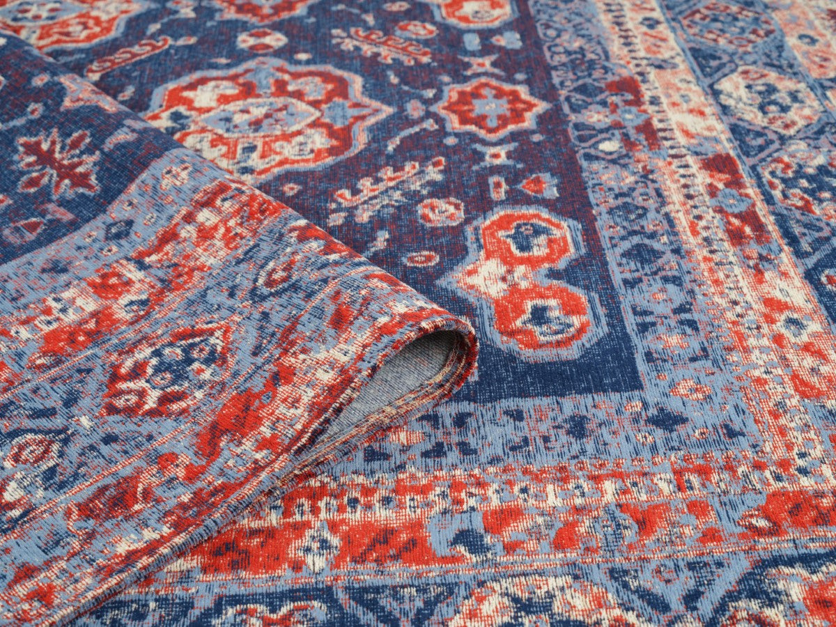 Jaquard Sultan | Close- up View | Reds & Blues | Traditional Design | 8x10 | Machine Washable | Washable Area Rug | Kitchen | Bedroom | Living Room | Entry Way | Patio | Mother Ruggers | High Traffic | Pet Friendly | Kid Friendly  | Anit-Slip