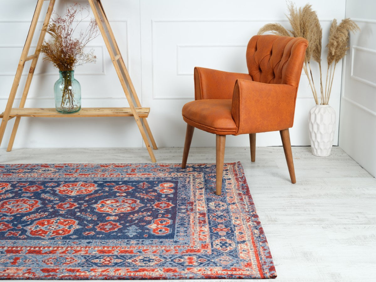 Jaquard Sultan | Lifestyle View | Reds & Blues | Traditional Design | 8x10 | Machine Washable | Washable Area Rug | Kitchen | Bedroom | Living Room | Entry Way | Patio | Mother Ruggers | High Traffic | Pet Friendly | Kid Friendly  | Anit-Slip