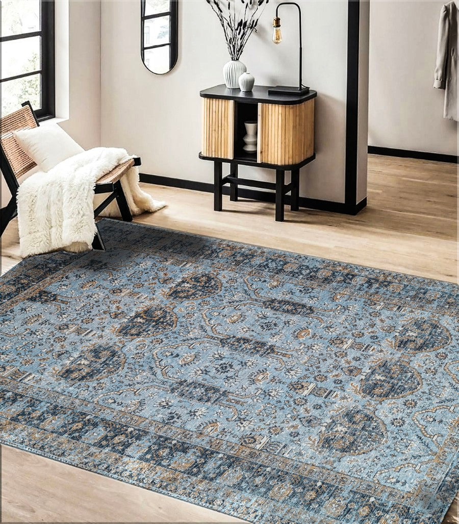 Washable Area rug | The Jacquard Serena | Traditional Blues & Yellows Design | Lifestyle View | 5x8 | By MotherRuggers.com | Machine Washable | Jacquard Woven | Pet Friendly | Kid Friendly | Machine Wash | Line Dry | Living Room | Kitchen | Bedroom | High-Traffic | Anti-Slip | Three-year warranty with proper care | Shake or light Vacuum | Machine Wash as needed | Dry Flat or Line Dry | Dries fast