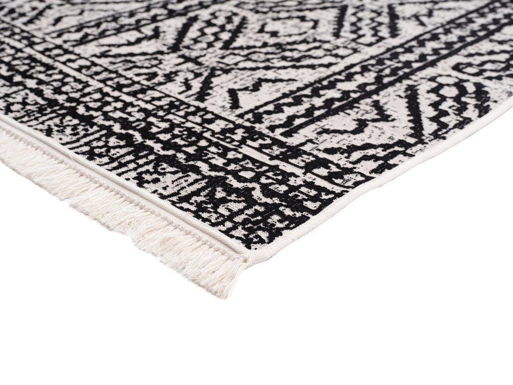 Washable Area rug | Simon & Yildirim Reversible Play | Black & White Close-up Corner Detail | 5x8 | By MotherRuggers.com | Machine Washable | Jacquard Woven | Uniquely Reversible | Pet Friendly | Kid Friendly | Machine Wash | Line Dry | Living Room | Covered Patio | Entry Way | Bedroom | High-Traffic | Three-year warranty with proper care | Shake or light Vacuum | Machine Wash as needed | Dry Flat or Line Dry | Dries fast