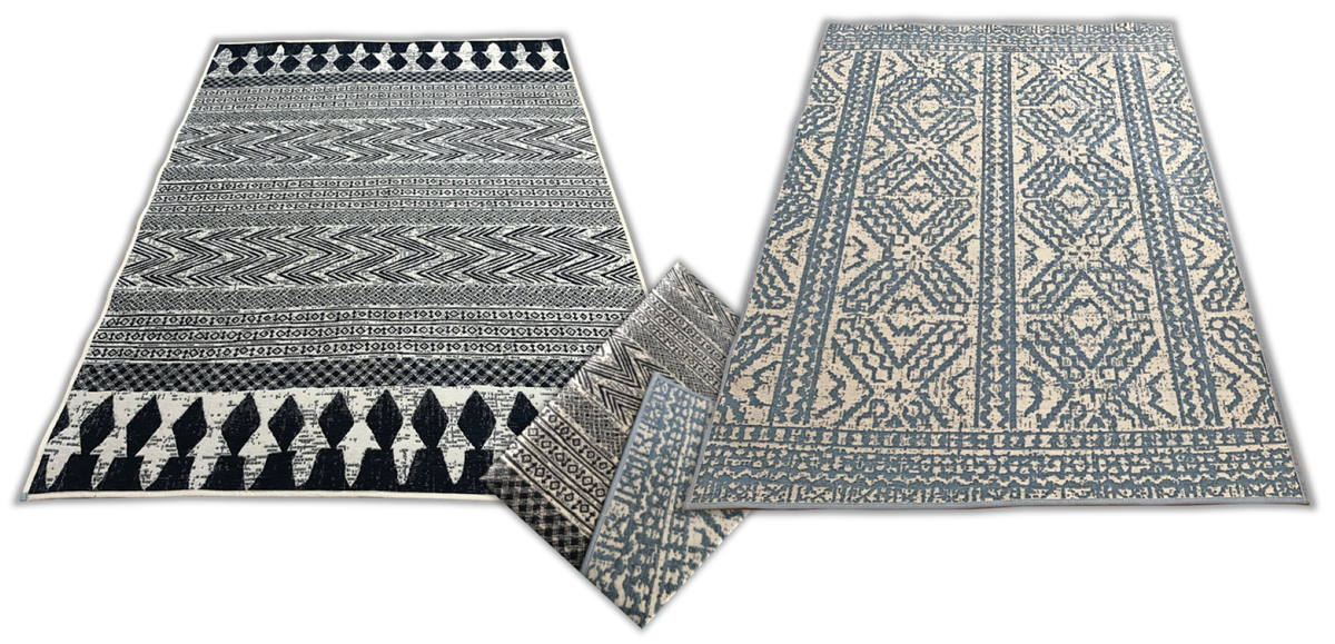 Washable Area rug | Simon & Yildirim Reversible Wink | Gray & Beige with Black & White Side -by-side View | 5x8 | By MotherRuggers.com | Machine Washable | Jacquard Woven | Uniquely Reversible | Pet Friendly | Kid Friendly | Machine Wash | Line Dry | Living Room | Covered Patio | Entry Way | Bedroom | High-Traffic | Three-year warranty with proper care | Shake or light Vacuum | Machine Wash as needed | Dry Flat or Line Dry | Dries fast