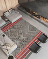 Washable Area rug | The Jacquard Bergama | Geometric Patterns with Red, Black & Beige Lifestyle Living Room View | 8x10 | By MotherRuggers.com | Machine Washable | Jacquard Woven | Pet Friendly | Kid Friendly | Machine Wash | Line Dry | Living Room | Kitchen | Bedroom | High-Traffic | Anti-Slip | Three-year warranty with proper care | Shake or light Vacuum | Machine Wash as needed | Dry Flat or Line Dry | Dries fast