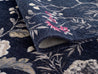 Washable Area rug | The Jacquard Lurex Peacock | Peacock & Floral Pattern with Navy & Beige Close-Up Detail View | 5x8 | By MotherRuggers.com | Machine Washable | Jacquard Woven | Pet Friendly | Kid Friendly | Machine Wash | Line Dry | Living Room | Kitchen | Bedroom | High-Traffic | Anti-Slip | Three-year warranty with proper care | Shake or light Vacuum | Machine Wash as needed | Dry Flat or Line Dry | Dries fast