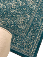 Washable Area rug | Simon & Yildirim Ease of Elegance Auqa | Aqua & Green Close-up Corner View | 5x8 | By MotherRuggers.com | Machine Washable | Jacquard Woven | Pet Friendly | Kid Friendly | Machine Wash | Line Dry | Living Room | Covered Patio | Entry Way | Bedroom | High-Traffic | 2-year warranty with proper care | Shake or light Vacuum | Machine Wash as needed | Dry Flat or Line Dry | Dries fast