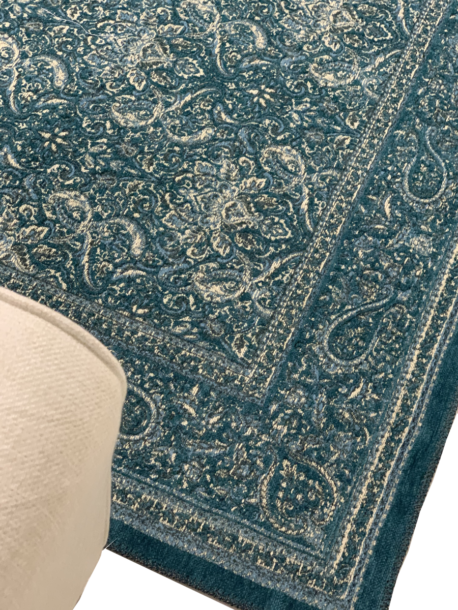 Washable Area rug | Simon & Yildirim Ease of Elegance Auqa | Aqua & Green Close-up Corner View | 5x8 | By MotherRuggers.com | Machine Washable | Jacquard Woven | Pet Friendly | Kid Friendly | Machine Wash | Line Dry | Living Room | Covered Patio | Entry Way | Bedroom | High-Traffic | 2-year warranty with proper care | Shake or light Vacuum | Machine Wash as needed | Dry Flat or Line Dry | Dries fast