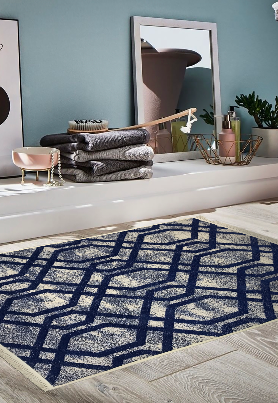 Washable Area rug | Simon & Yildirim Reversible Duet | Blue & Beige Lifestyle View| 9x11 | By MotherRuggers.com | Machine Washable | Jacquard Woven | Uniquely Reversible | Pet Friendly | Kid Friendly | Machine Wash | Line Dry | Living Room | Covered Patio | Entry Way | Bedroom | High-Traffic | Two-year warranty with proper care | Shake or light Vacuum | Machine Wash as needed | Dry Flat or Line Dry | Dries fast