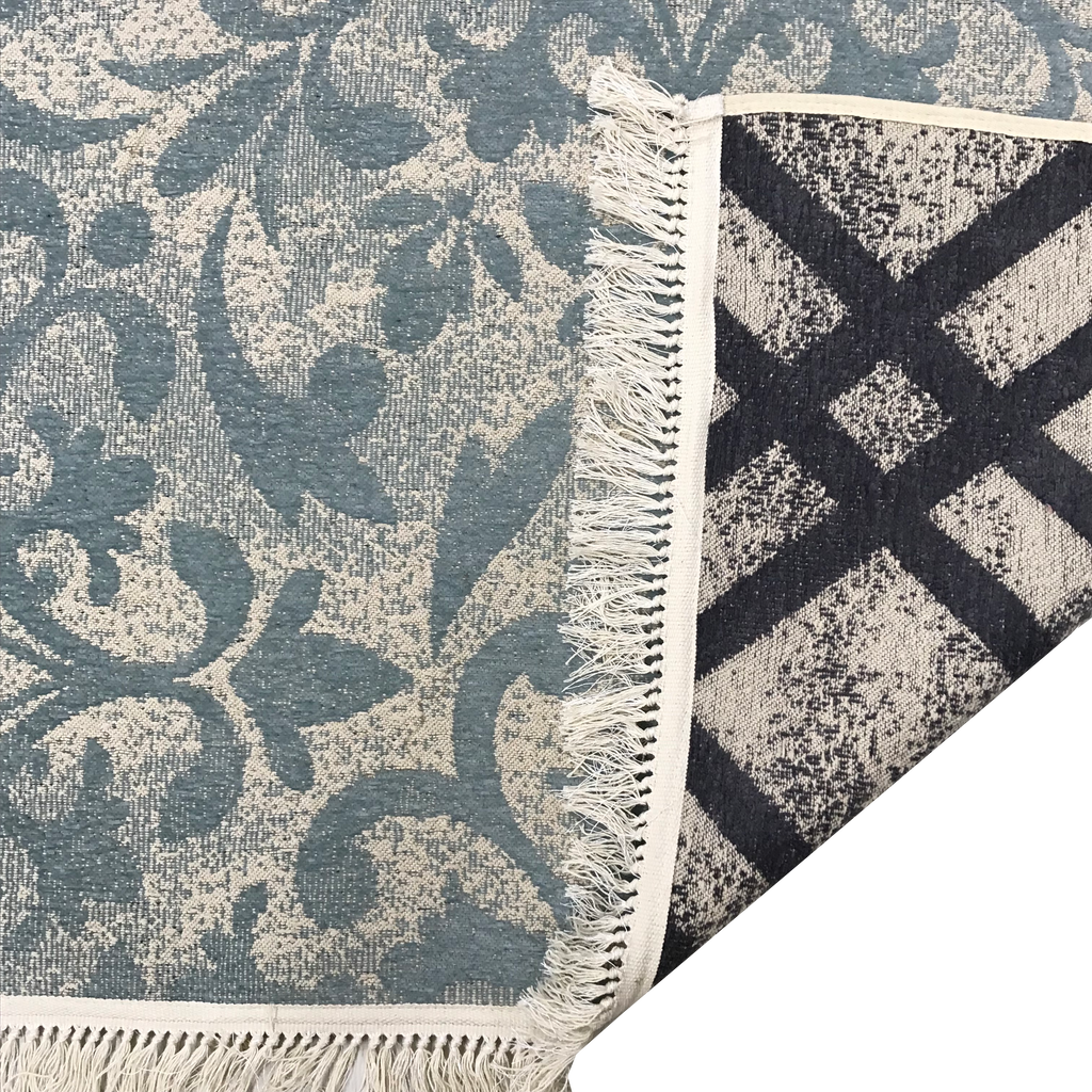 Washable Area rug | Simon & Yildirim Reversible Duality | Mint & Beige/Black & Beige Corner Detail View | 5x8 | By MotherRuggers.com | Machine Washable | Jacquard Woven | Uniquely Reversible | Pet Friendly | Kid Friendly | Machine Wash | Line Dry | Living Room | Covered Patio | Entry Way | Bedroom | High-Traffic | Two-year warranty with proper care | Shake or light Vacuum | Machine Wash as needed | Dry Flat or Line Dry | Dries fast