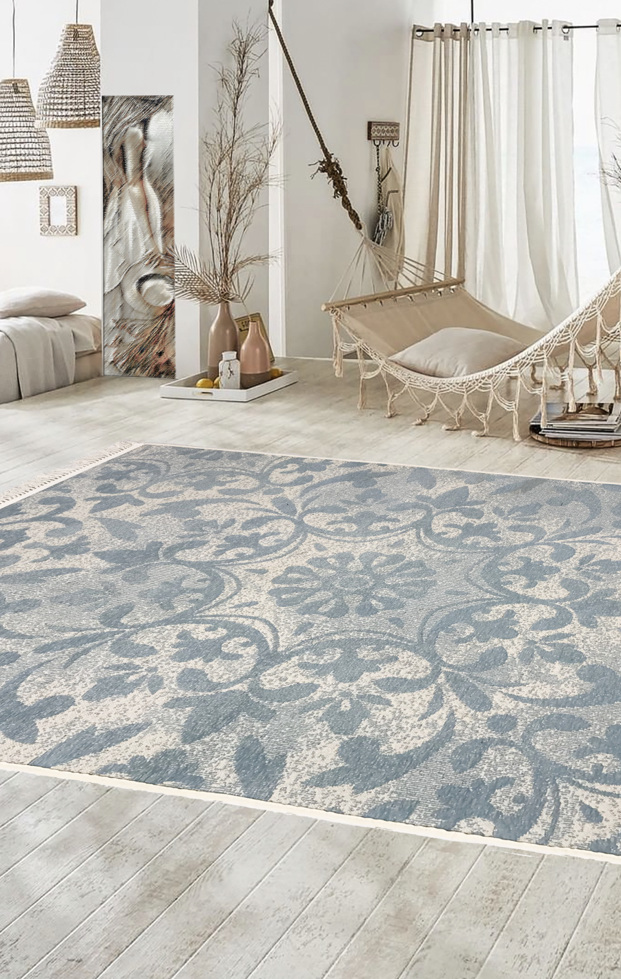 Washable Area rug | Simon & Yildirim Reversible Duality | Mint & Beige Bedroom Lifestyle View | 5x8 | By MotherRuggers.com | Machine Washable | Jacquard Woven | Uniquely Reversible | Pet Friendly | Kid Friendly | Machine Wash | Line Dry | Living Room | Covered Patio | Entry Way | Bedroom | High-Traffic | Two-year warranty with proper care | Shake or light Vacuum | Machine Wash as needed | Dry Flat or Line Dry | Dries fast
