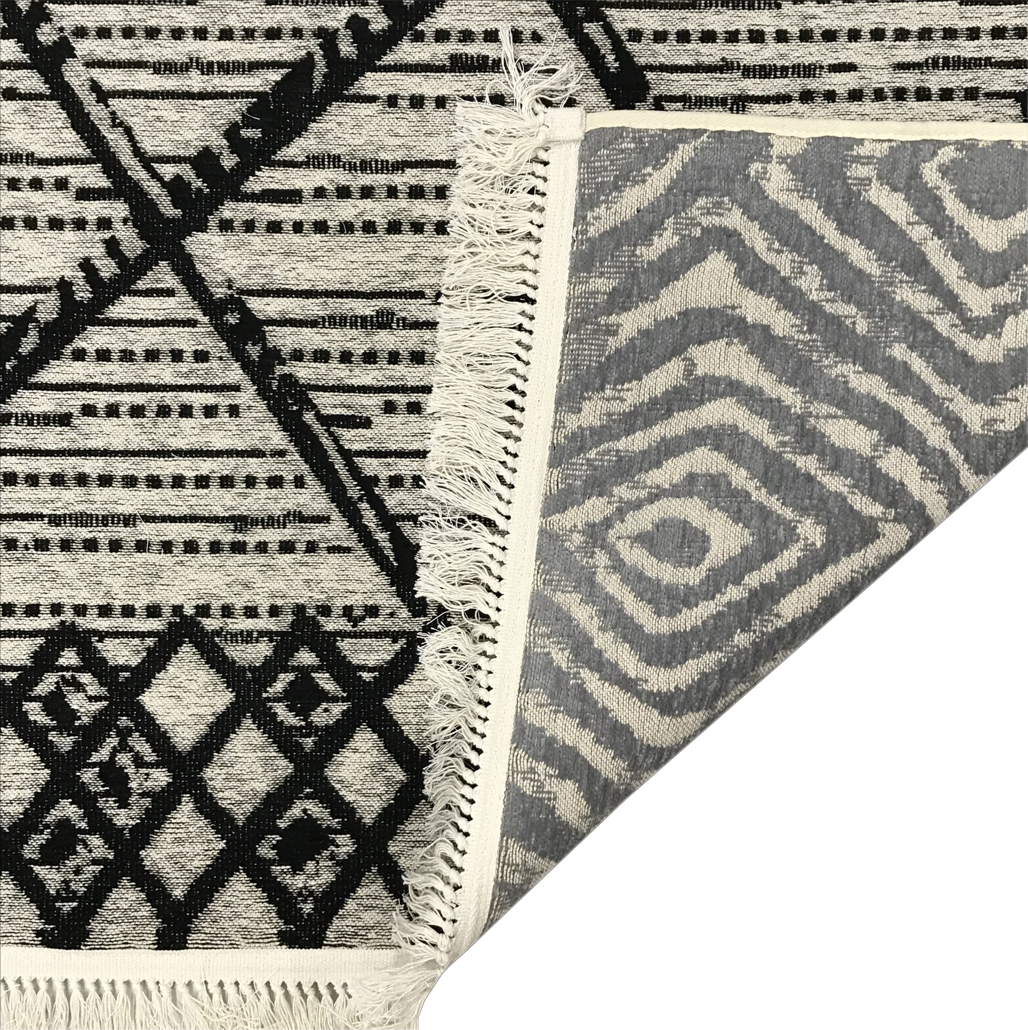 Washable Area rug | Simon & Yildirim Reversible Simple | Black & White with Reversible Gray & White Close-up Detail | 9x11 | By MotherRuggers.com | Machine Washable | Jacquard Woven | Uniquely Reversible | Pet Friendly | Kid Friendly | Machine Wash | Line Dry | Living Room | Covered Patio | Entry Way | Bedroom | High-Traffic | Three-year warranty with proper care | Shake or light Vacuum | Machine Wash as needed | Dry Flat or Line Dry | Dries fast