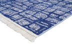 Washable Area rug | Simon & Yildirim Reversible Trade | Navy & Beige Close-up Corner Detail | 5x8 | By MotherRuggers.com | Machine Washable | Jacquard Woven | Uniquely Reversible | Pet Friendly | Kid Friendly | Machine Wash | Line Dry | Living Room | Covered Patio | Entry Way | Bedroom | High-Traffic | Three-year warranty with proper care | Shake or light Vacuum | Machine Wash as needed | Dry Flat or Line Dry | Dries fast