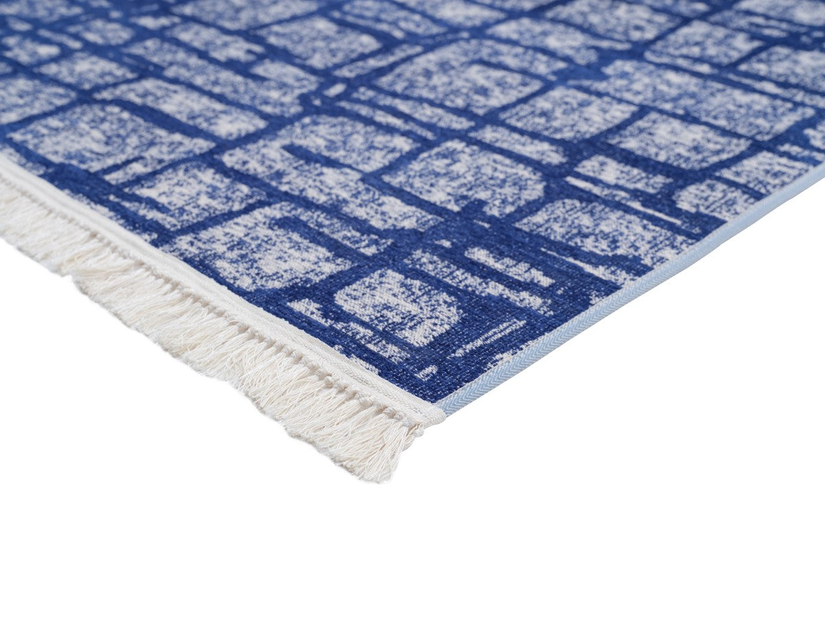 Washable Area rug | Simon & Yildirim Reversible Trade | Navy & Beige Close-up Corner Detail | 5x8 | By MotherRuggers.com | Machine Washable | Jacquard Woven | Uniquely Reversible | Pet Friendly | Kid Friendly | Machine Wash | Line Dry | Living Room | Covered Patio | Entry Way | Bedroom | High-Traffic | Three-year warranty with proper care | Shake or light Vacuum | Machine Wash as needed | Dry Flat or Line Dry | Dries fast
