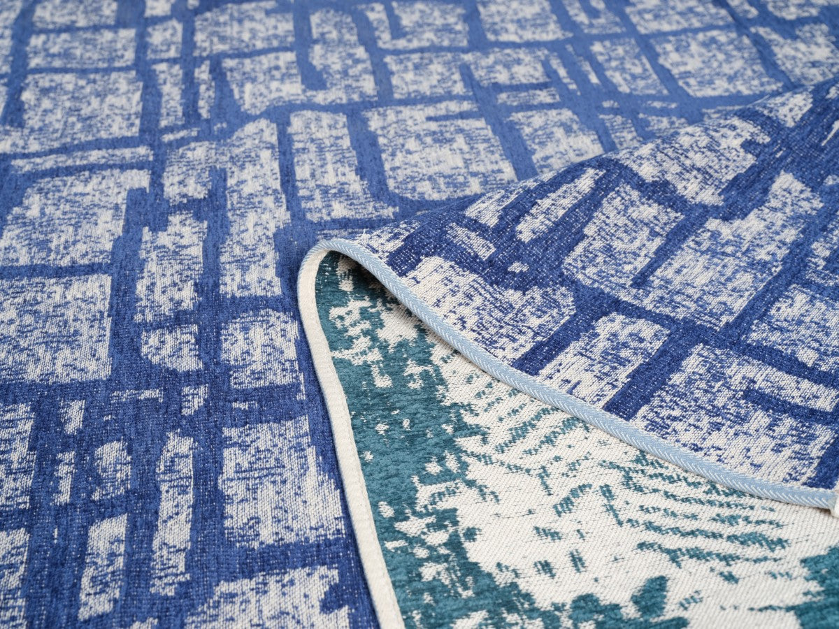 Washable Area rug | Simon & Yildirim Reversible Trade | Navy & Beige with Reversible Emerald & Beige Close-up Detail | 5x8 | By MotherRuggers.com | Machine Washable | Jacquard Woven | Uniquely Reversible | Pet Friendly | Kid Friendly | Machine Wash | Line Dry | Living Room | Covered Patio | Entry Way | Bedroom | High-Traffic | Three-year warranty with proper care | Shake or light Vacuum | Machine Wash as needed | Dry Flat or Line Dry | Dries fast
