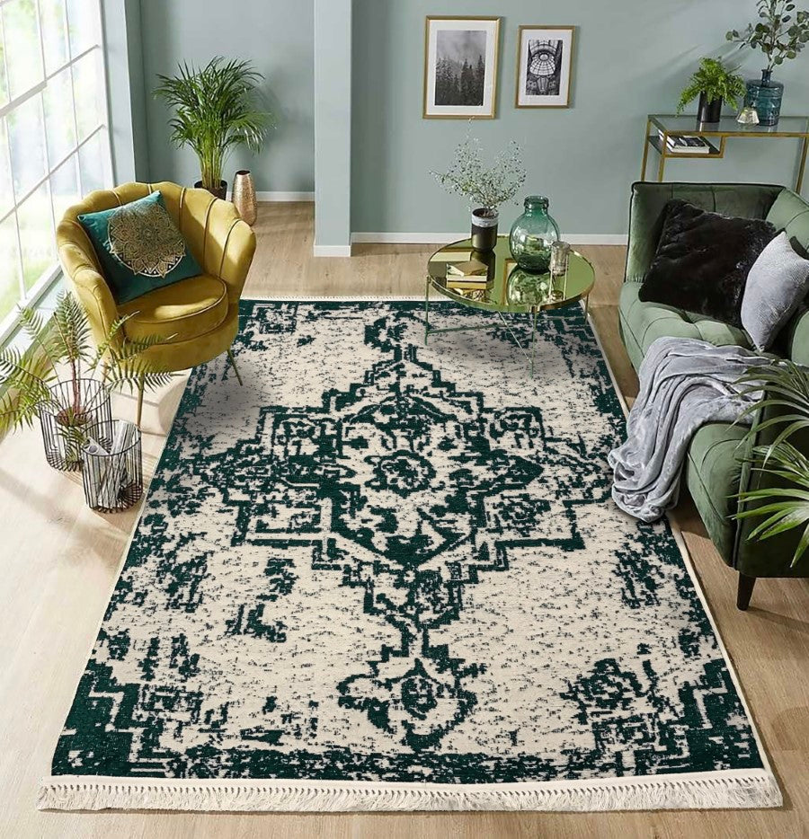 Washable Area rug | Simon & Yildirim Reversible Trade | Emerald & Beige Living Room Lifestyle View | 5x8 | By MotherRuggers.com | Machine Washable | Jacquard Woven | Uniquely Reversible | Pet Friendly | Kid Friendly | Machine Wash | Line Dry | Living Room | Covered Patio | Entry Way | Bedroom | High-Traffic | Three-year warranty with proper care | Shake or light Vacuum | Machine Wash as needed | Dry Flat or Line Dry | Dries fast