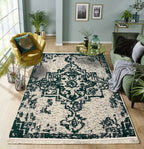 Washable Area rug | Simon & Yildirim Reversible Trade | Emerald & Beige Living Room Lifestyle View | 5x8 | By MotherRuggers.com | Machine Washable | Jacquard Woven | Uniquely Reversible | Pet Friendly | Kid Friendly | Machine Wash | Line Dry | Living Room | Covered Patio | Entry Way | Bedroom | High-Traffic | Three-year warranty with proper care | Shake or light Vacuum | Machine Wash as needed | Dry Flat or Line Dry | Dries fast