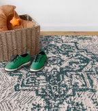 Washable Area rug | Simon & Yildirim Reversible Trade | Emerald & Beige Lifestyle View | 5x8 | By MotherRuggers.com | Machine Washable | Jacquard Woven | Uniquely Reversible | Pet Friendly | Kid Friendly | Machine Wash | Line Dry | Living Room | Covered Patio | Entry Way | Bedroom | High-Traffic | Three-year warranty with proper care | Shake or light Vacuum | Machine Wash as needed | Dry Flat or Line Dry | Dries fast