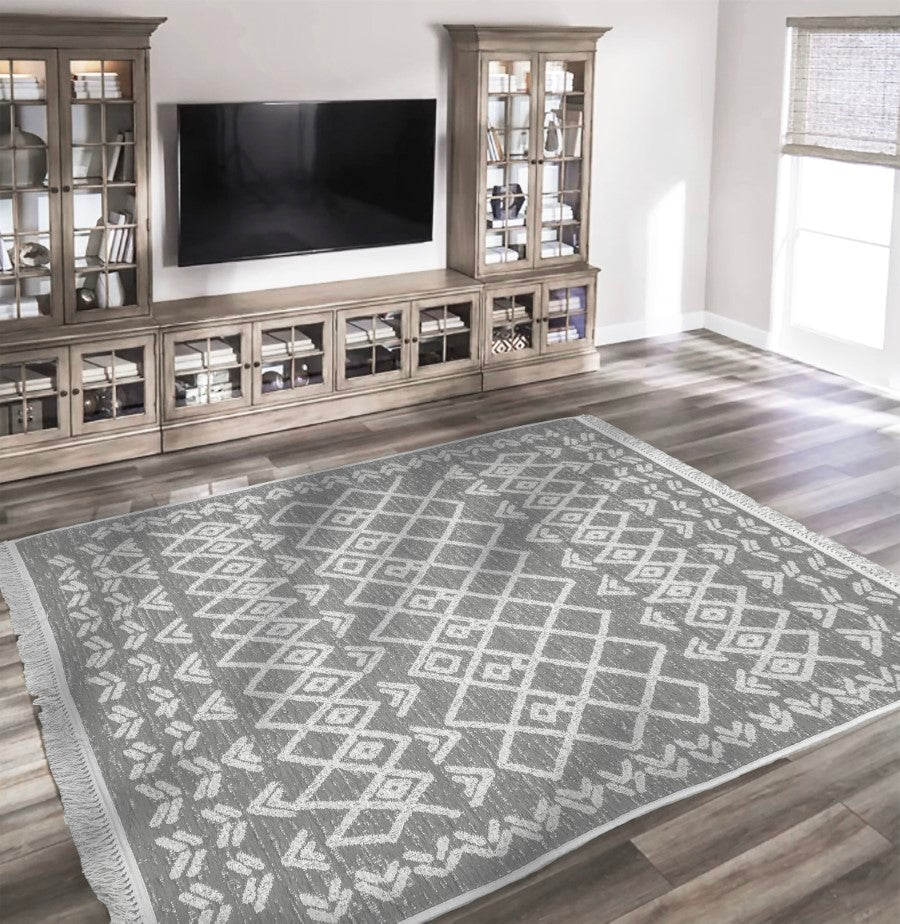 Washable Area rug | Simon & Yildirim Reversible Fade | Gray & Beige Area Lifestyle View | 9x11 | By MotherRuggers.com | Machine Washable | Jacquard Woven | Uniquely Reversible | Pet Friendly | Kid Friendly | Machine Wash | Line Dry | Living Room | Covered Patio | Entry Way | Bedroom | High-Traffic | Three-year warranty with proper care | Shake or light Vacuum | Machine Wash as needed | Dry Flat or Line Dry | Dries fast