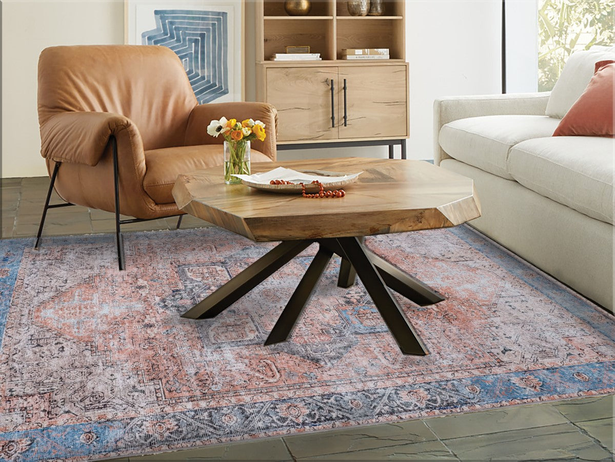 Area rug | Chennie Chic Comfy 5x8 | By Mother Ruggers.com | Machine Washable | Chenille Woven | Blue | White | Blush faded Accents |Faded | Multicolor | Vintage |Large emblem in middle|Pet Friendly | Kid Friendly | Machine Wash Line Dry | Living Room | Kitchen | Bedroom | Moderate Traffic | High Traffic mat recommended | Three year warranty with proper care | Shake or light Vacuum | Machine Wash | Dry Flat or Line Dry | Dries fast