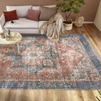 Area rug | Chennie Chic Comfy 5x8 | By Mother Ruggers.com | Machine Washable | Chenille Woven | Blue | White | Blush faded Accents |Faded | Multicolor | Vintage |Large emblem in middle|Pet Friendly | Kid Friendly | Machine Wash Line Dry | Living Room | Kitchen | Bedroom | Moderate Traffic | High Traffic mat recommended | Three year warranty with proper care | Shake or light Vacuum | Machine Wash | Dry Flat or Line Dry | Dries fast0