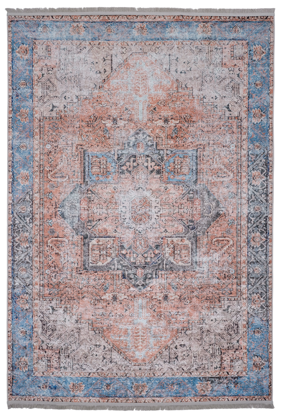 Area rug | Chennie Chic Comfy 5x8 | By Mother Ruggers.com | Machine Washable | Chenille Woven | Blue | White | Blush faded Accents |Faded | Multicolor | Vintage |Large emblem in middle|Pet Friendly | Kid Friendly | Machine Wash Line Dry | Living Room | Kitchen | Bedroom | Moderate Traffic | High Traffic mat recommended | Three year warranty with proper care | Shake or light Vacuum | Machine Wash | Dry Flat or Line Dry | Dries fast