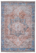 Area rug | Chennie Chic Comfy 5x8 | By Mother Ruggers.com | Machine Washable | Chenille Woven | Blue | White | Blush faded Accents |Faded | Multicolor | Vintage |Large emblem in middle|Pet Friendly | Kid Friendly | Machine Wash Line Dry | Living Room | Kitchen | Bedroom | Moderate Traffic | High Traffic mat recommended | Three year warranty with proper care | Shake or light Vacuum | Machine Wash | Dry Flat or Line Dry | Dries fast