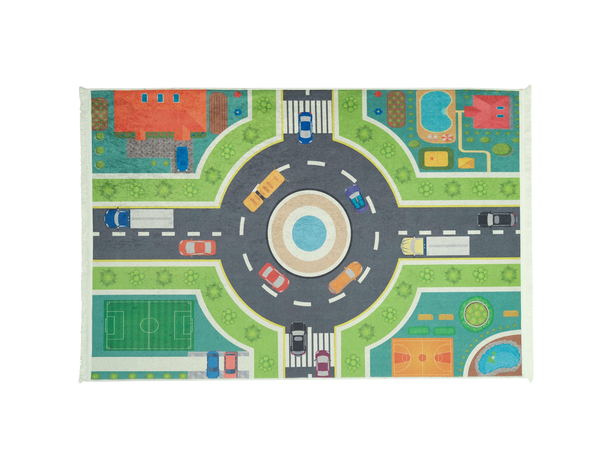 Rugaroos Vroom Kid's Machine Washable Play Rug | Colorful Cars following colorful Roundabout | 4x6 | Mother Ruggers | Washable Rugs | Kid's Rugs | Eco Friendly Rug| Pet Friendly | Kid Friendly | Machine Wash | Line Dry | Bedroom | High-Traffic | Two-year warranty with proper care | Shake or light Vacuum | Machine Wash as needed | Dry Flat or Line Dry | Dries fast | Hand Drawn - Digitally Printed | Velvet | Easy- Clean