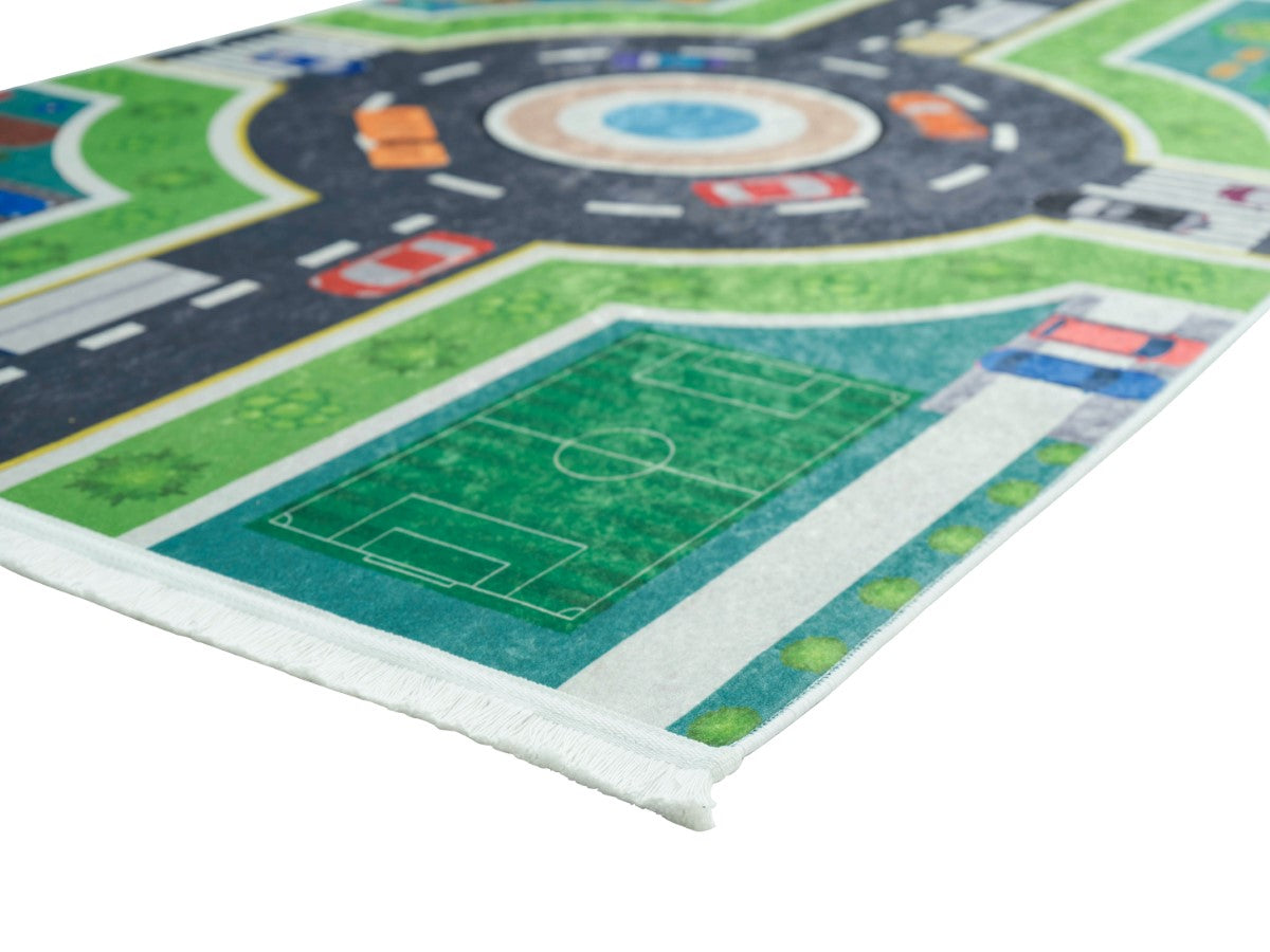 Rugaroos Vroom Kid's Machine Washable Play Rug | Colorful Cars following colorful Roundabout | Corner Close-up |4x6 | Mother Ruggers | Washable Rugs | Kid's Rugs | Eco Friendly Rug| Pet Friendly | Kid Friendly | Machine Wash | Line Dry | Bedroom | High-Traffic | Two-year warranty with proper care | Shake or light Vacuum | Machine Wash as needed | Dry Flat or Line Dry | Dries fast | Hand Drawn - Digitally Printed | Velvet | Easy- Clean
