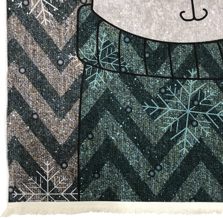 Rugaroos Sweater Roo Kid's Machine Washable Play Rug | Adorable Sweater-ed Bear & Bird perched on head with light snowflakes falling on Jade & Light Tan chevron | Corner Close-up | 4x6 | Mother Ruggers | Washable Rugs | Kid's Rugs | Eco Friendly Rug| Pet Friendly | Kid Friendly | Machine Wash | Line Dry | Bedroom | High-Traffic | Two-year warranty with proper care | Shake or light Vacuum | Machine Wash as needed | Dry Flat or Line Dry | Dries fast | Hand Drawn - Digitally Printed | Velvet | Easy- Clean