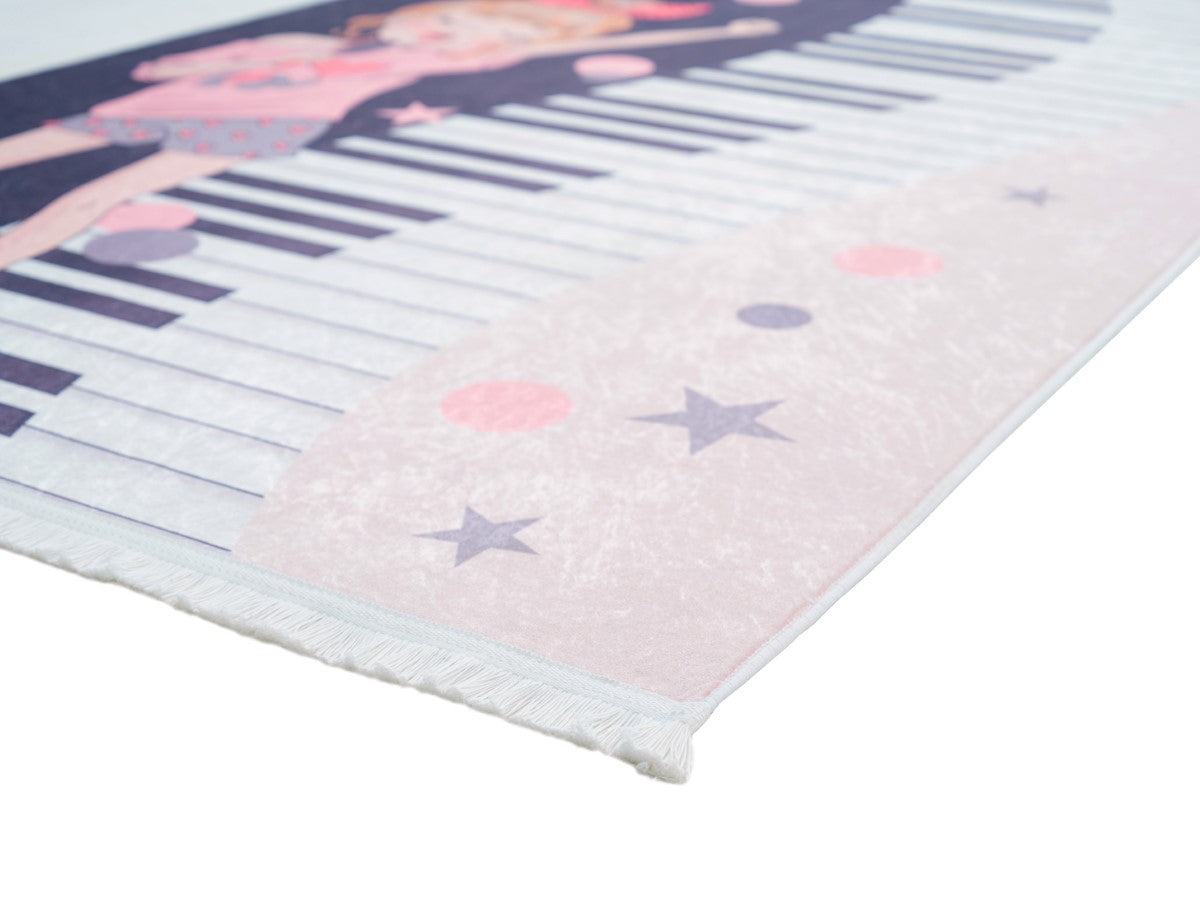 Rugaroos Sing-a-Roo Kid's Machine Washable Play Rug | Cartoon girl Singing with Blush & Navy divided by keyboard | Corner Close-up | 4x6 | Mother Ruggers | Washable Rugs | Kid's Rugs | Eco Friendly Rug| Pet Friendly | Kid Friendly | Machine Wash | Line Dry | Bedroom | High-Traffic | Two-year warranty with proper care | Shake or light Vacuum | Machine Wash as needed | Dry Flat or Line Dry | Dries fast | Hand Drawn - Digitally Printed | Velvet | Easy- Clean