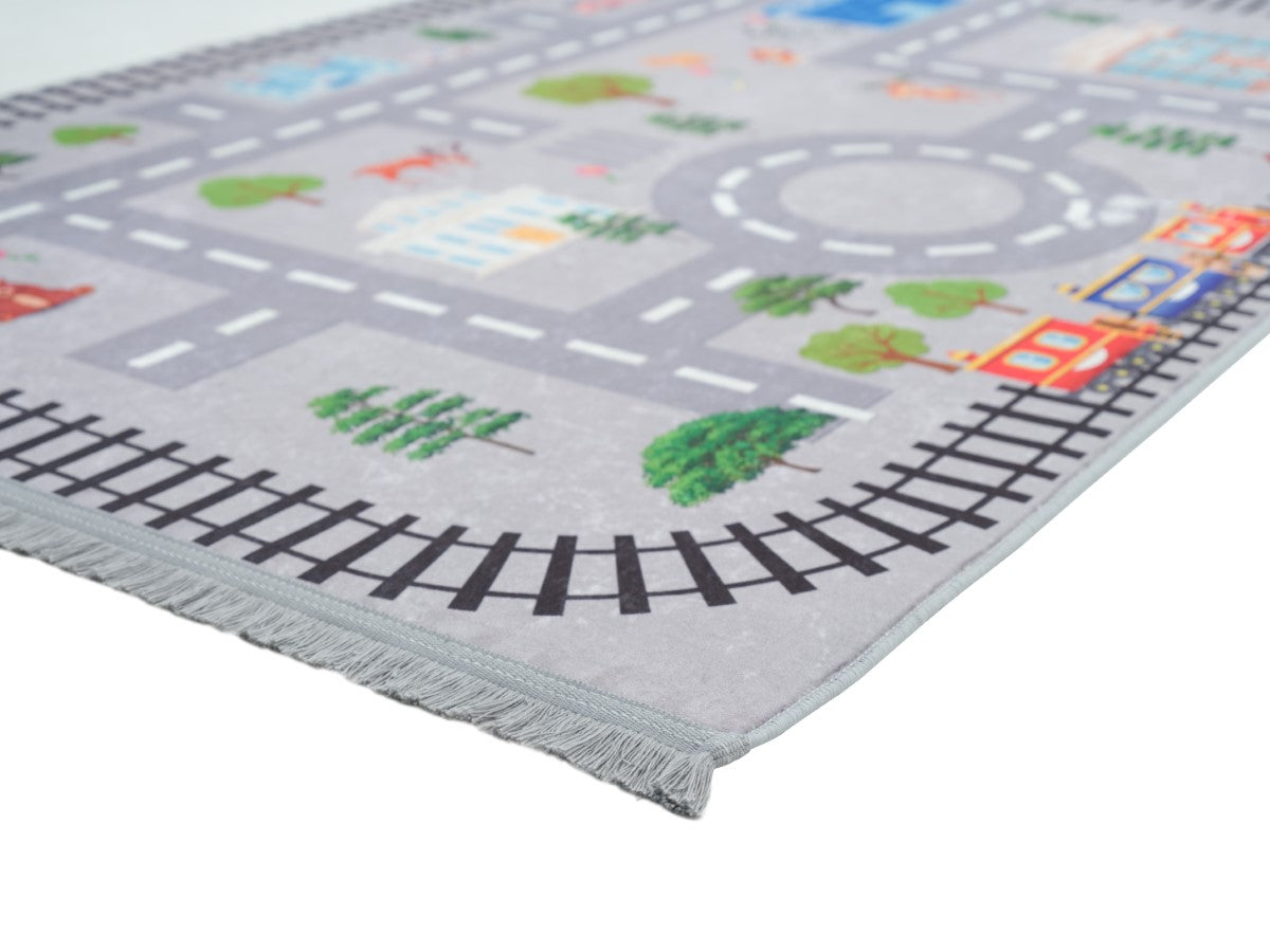 4'x6' Machine Washable Rug For Kids Gray/Multicolor Railroad Rug ...