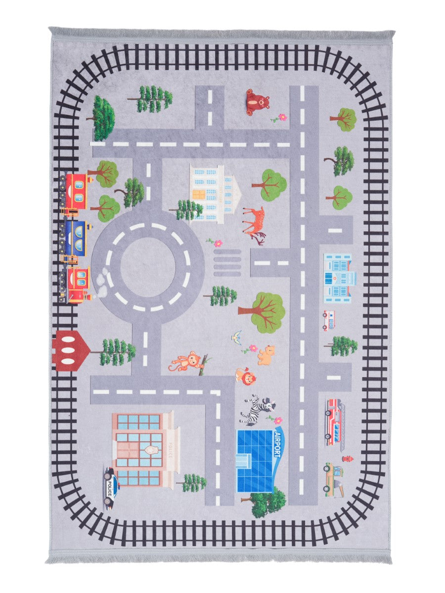 Rugaroos Round the Town Kid's Machine Washable Play Rug | Train tracks surrounding Downtown on Light Gray | Side View | 4x6 | Mother Ruggers | Washable Rugs | Kid's Rugs | Eco Friendly Rug| Pet Friendly | Kid Friendly | Machine Wash | Line Dry | Bedroom | High-Traffic | Two-year warranty with proper care | Shake or light Vacuum | Machine Wash as needed | Dry Flat or Line Dry | Dries fast | Hand Drawn - Digitally Printed | Velvet | Easy- Clean