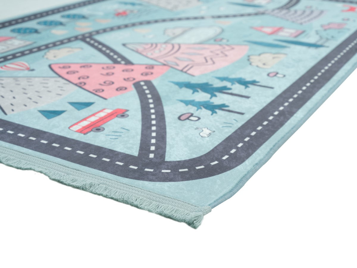 Rugaroos Camping Trails Kid's Machine Washable Play Rug | Trails leading through Mountains and cabins in the woods on Light Green | Corner Close-up | 4x6 | Mother Ruggers | Washable Rugs | Kid's Rugs | Eco Friendly Rug| Pet Friendly | Kid Friendly | Machine Wash | Line Dry | Bedroom | High-Traffic | Two-year warranty with proper care | Shake or light Vacuum | Machine Wash as needed | Dry Flat or Line Dry | Dries fast | Hand Drawn - Digitally Printed | Velvet | Easy- Clean 