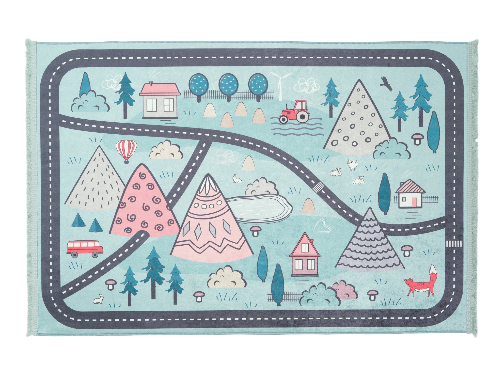 Rugaroos Camping Trails Kid's Machine Washable Play Rug | Trails leading through Mountains and cabins in the woods on Light Green | 4x6 | Mother Ruggers | Washable Rugs | Kid's Rugs | Eco Friendly Rug| Pet Friendly | Kid Friendly | Machine Wash | Line Dry | Bedroom | High-Traffic | Two-year warranty with proper care | Shake or light Vacuum | Machine Wash as needed | Dry Flat or Line Dry | Dries fast | Hand Drawn - Digitally Printed | Velvet | Easy- Clean 