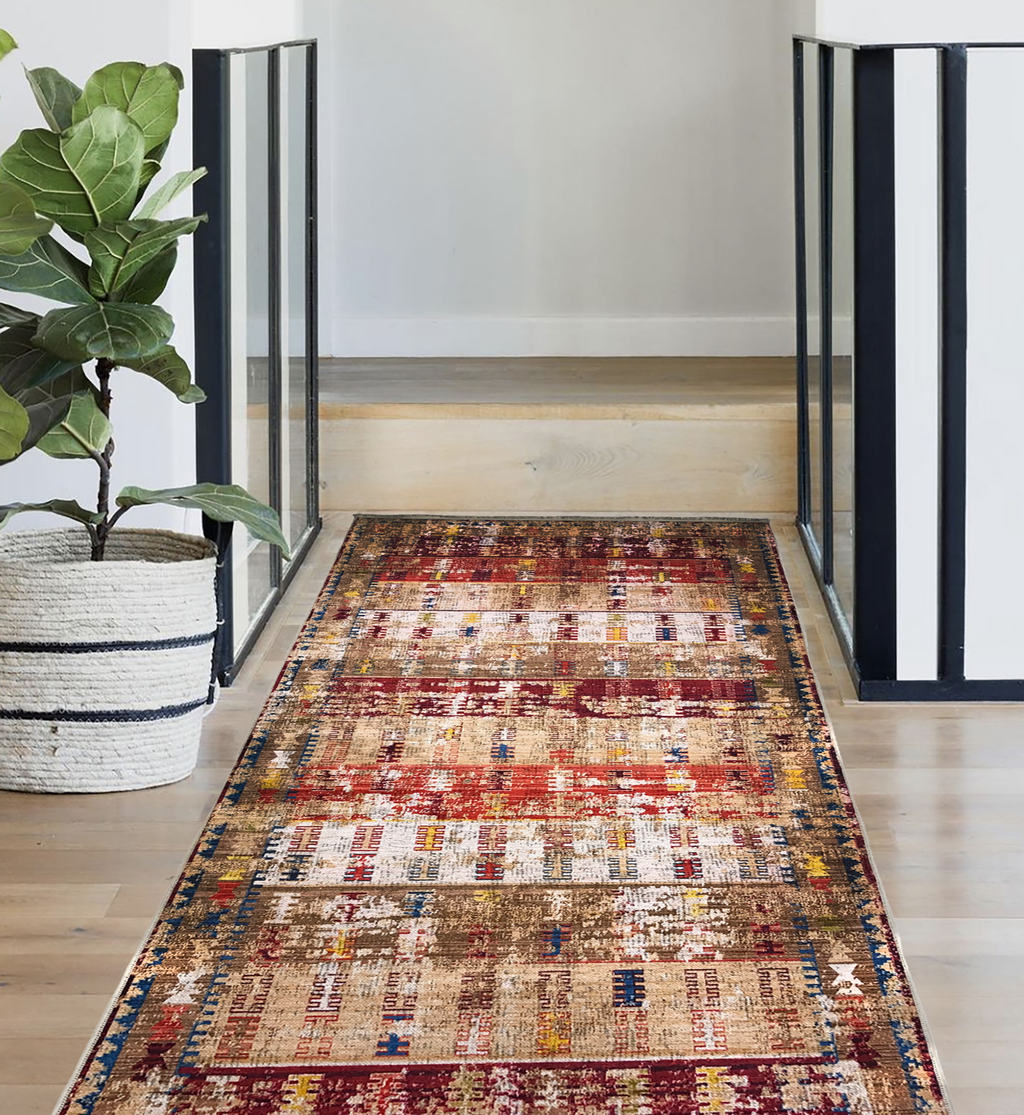 Area rug | Chennie Chic Sarah |5x8 | 3x8 Runner | By MotherRuggers.com | Machine Washable | Chenille Woven | Accent Brick Red | Mulitcolor | Pet Friendly | Kid Friendly | Machine Wash Line Dry | Living Room | Kitchen | Bedroom | Moderate Traffic | High Traffic mat recommended | Three-year warranty with proper care | Shake or light Vacuum | Machine Wash as needed | Dry Flat or Line Dry | Dries fast