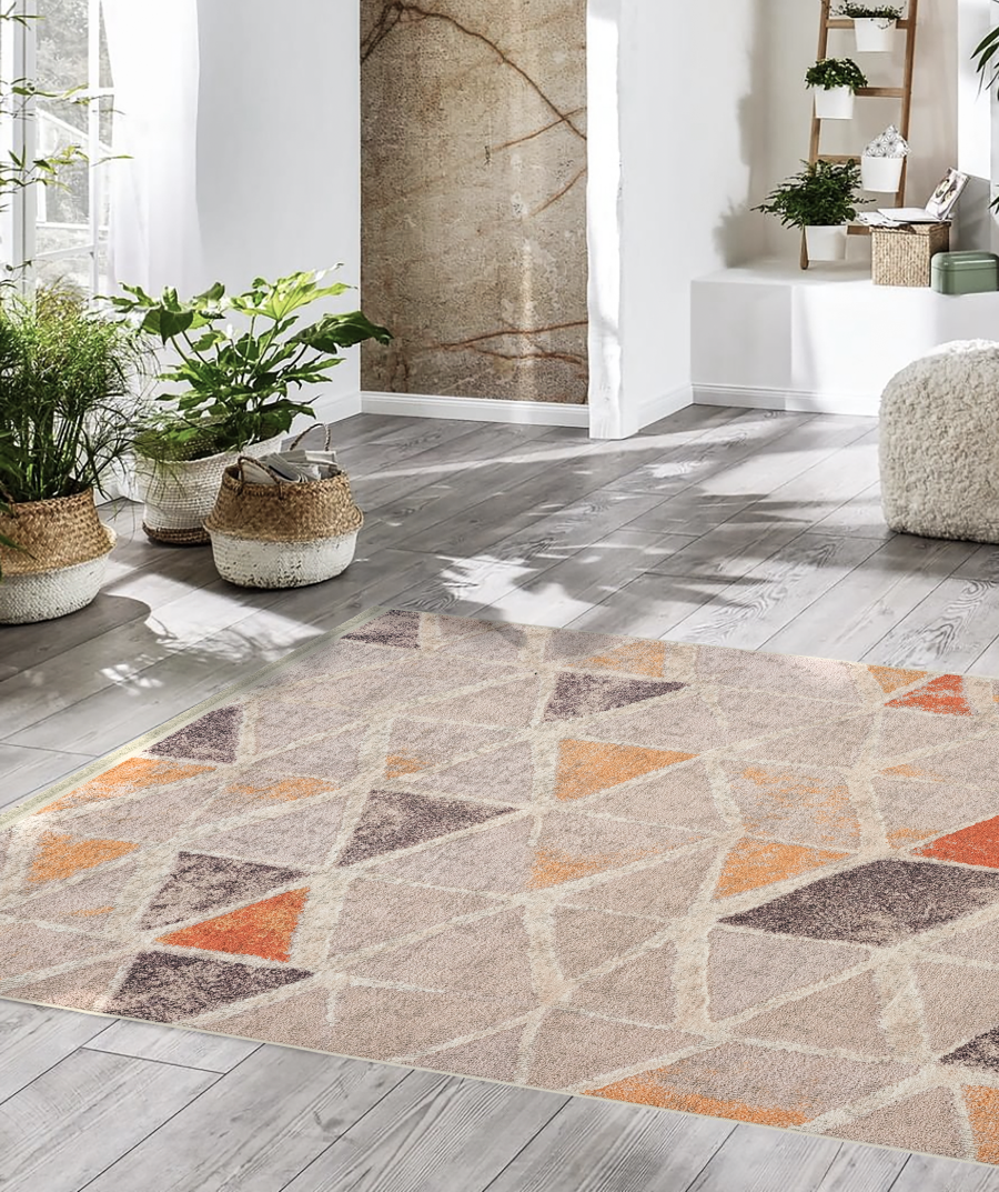 Area rug | Chennie Chic Tryme |5x8 |3x8 Runner | By MotherRuggers.com | Machine Washable | Chenille Woven | Gemetric print | Triangle Design | Splash of Burnt Orange | Splash of Dark Brown | Splash of Yellow | Mainly Tan | Pet Friendly | Kid Friendly | Machine Wash | Line Dry | Living Room | Kitchen | Bedroom | Moderate Traffic | High Traffic mat recommended | Three-year warranty with proper care | Shake or light Vacuum | Machine Wash as needed | Dry Flat or Line Dry | Dries fast