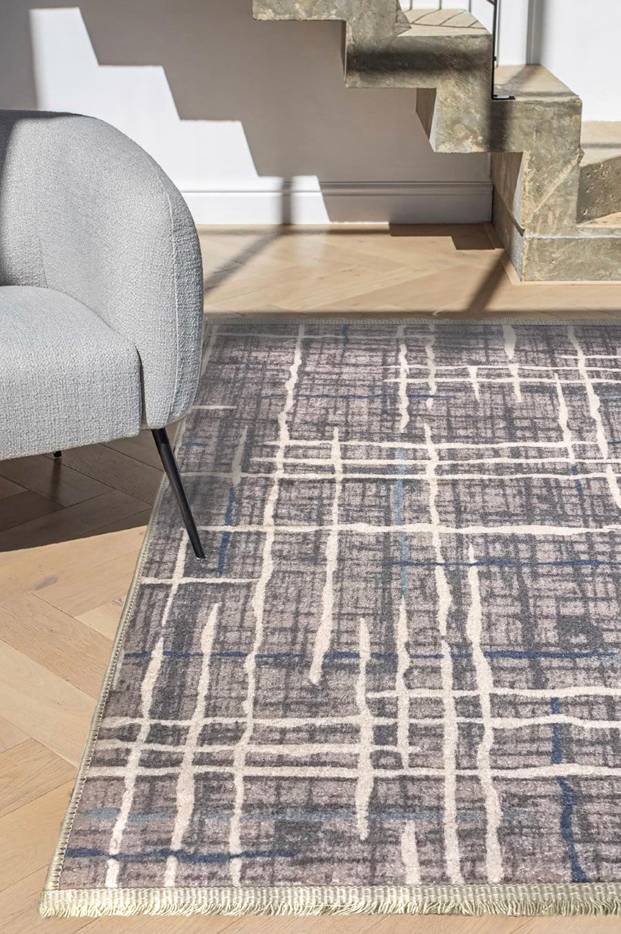 Area rug | Chennie Chic Slate |5x8 | By MotherRuggers.com | Machine Washable | Chenille Woven | Unstructured Line Design | Gray | Fine light blue lines| Thick Off-White Lines |Pet Friendly | Kid Friendly | Machine Wash | Line Dry | Living Room | Kitchen | Bedroom | Moderate Traffic | High Traffic mat recommended | Three-year warranty with proper care | Shake or light Vacuum | Machine Wash as needed | Dry Flat or Line Dry | Dries fast