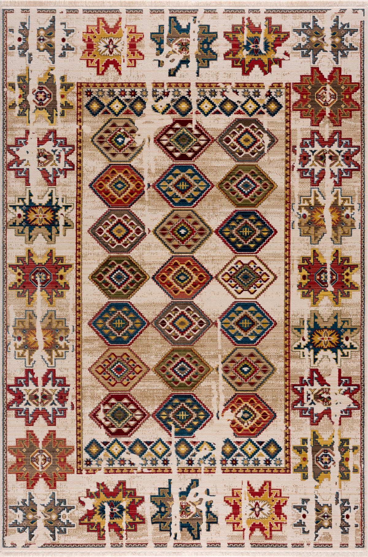 Area rug | Chennie Chic Chill 5 x 8 | By Mother Ruggers.com | Machine Washable | Chenille Woven | Tan | White | Orange Accents | Red Accents| Brown | Vintage |Worn| Multi Color |Various shapes |Pet Friendly | Kid Friendly | Machine Wash Line Dry | Living Room | Kitchen | Bedroom | Moderate Traffic | High Traffic mat recommended | Three year warranty with proper care | Shake or light Vacuum | Machine Wash | Dry Flat or Line Dry | Dries fast